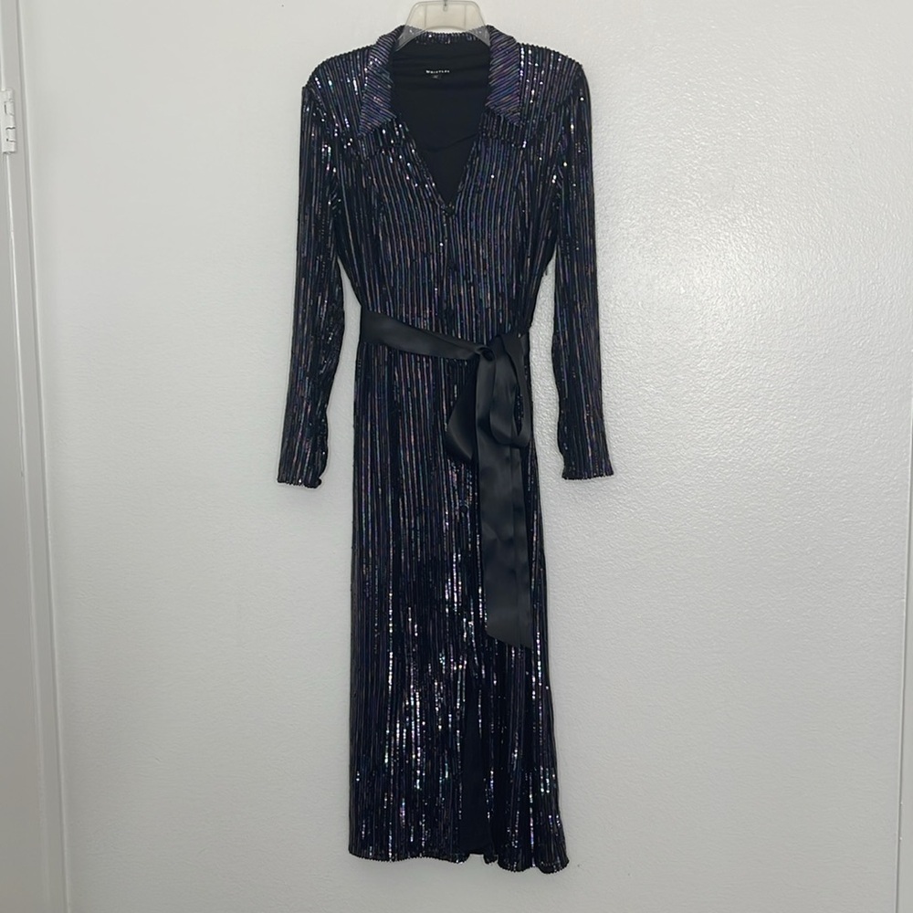 Whistles London Long Sleeve Stripe Sequin Shirt Midi Dress Size 10 (Read)